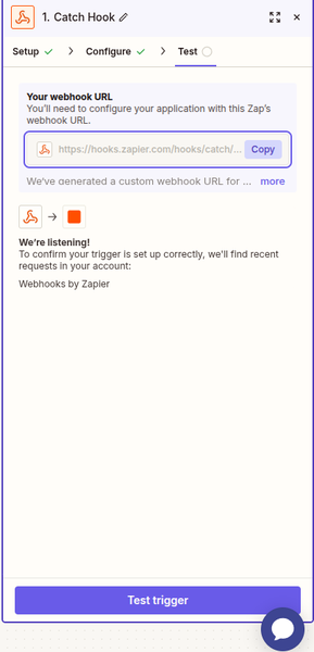 Copy the Catch Hook URL from Zapier