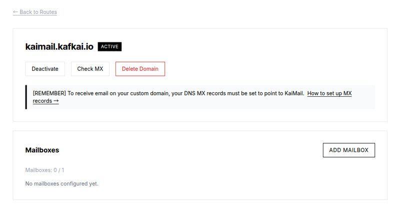Domain detail page with Add Mailbox button