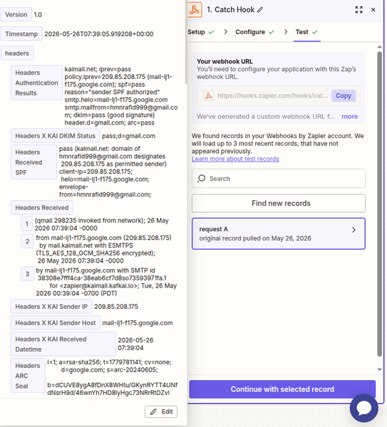 Zapier test trigger showing parsed KaiMail fields
