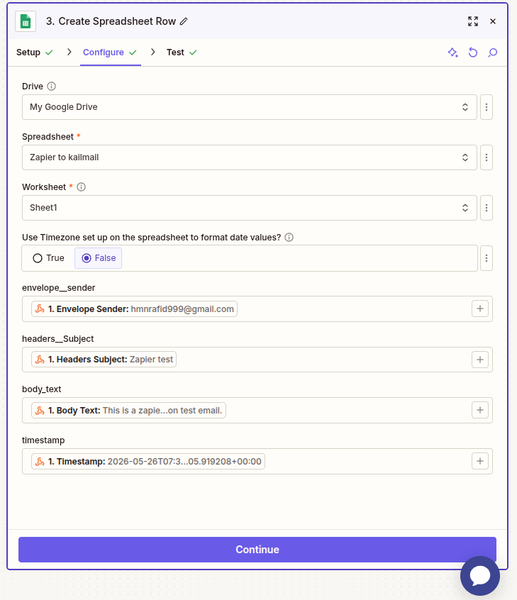 Google Sheets action with KaiMail fields mapped as pills