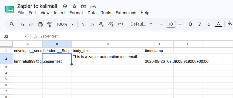 New row created in Google Sheets with KaiMail data