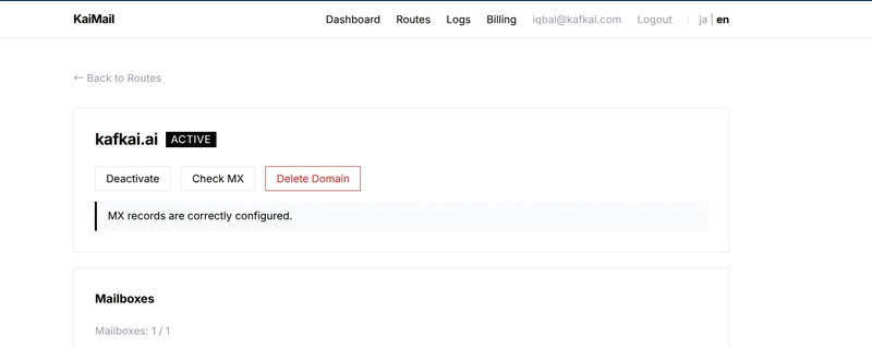 KaiMail Domain Settings – Active with Correct MX Records