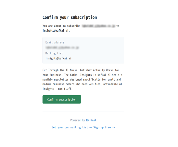 Confirm your subscription page with the address and list shown