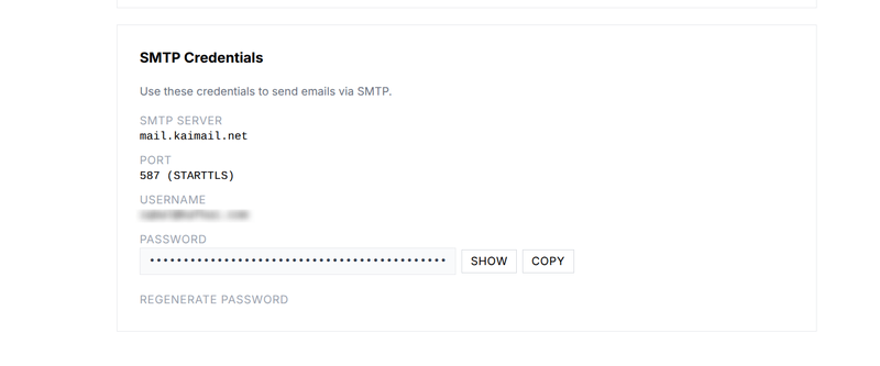KaiMail SMTP Configuration Credentials